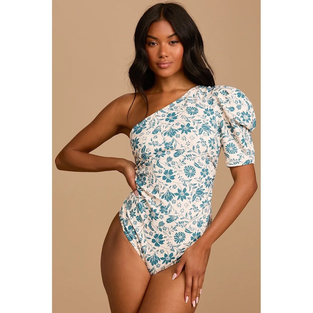 Free People Bodysuit Women S Cream Blue Floral One Shoulder Puff‎ Sleeve Boho - Picture 2 of 12
